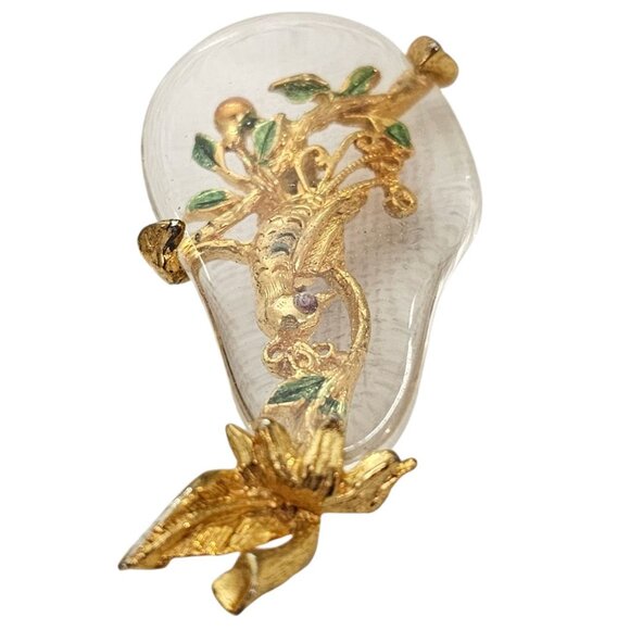 Tancer II Jelly Clear Lucite Pear Partridge Bird Leaf Brooch Pin Signed - Picture 5 of 9